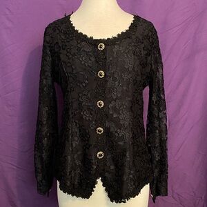 Vintage 1980s Gothic Black Lace Cardigan Blouse with Floral Design. Size M.